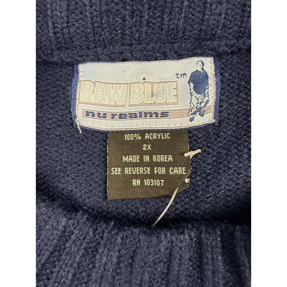 Raw Blue Nu Realms Mens VTG 2XL Acrylic Colorblock Patchwork Sweater Crew‎ Neck